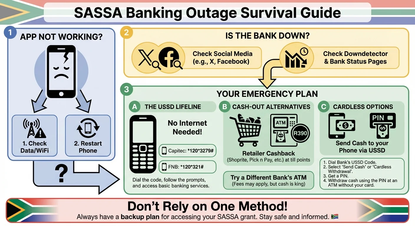A step-by-step infographic guide for SASSA beneficiaries on what to do during a banking outage. It shows a flowchart fr…