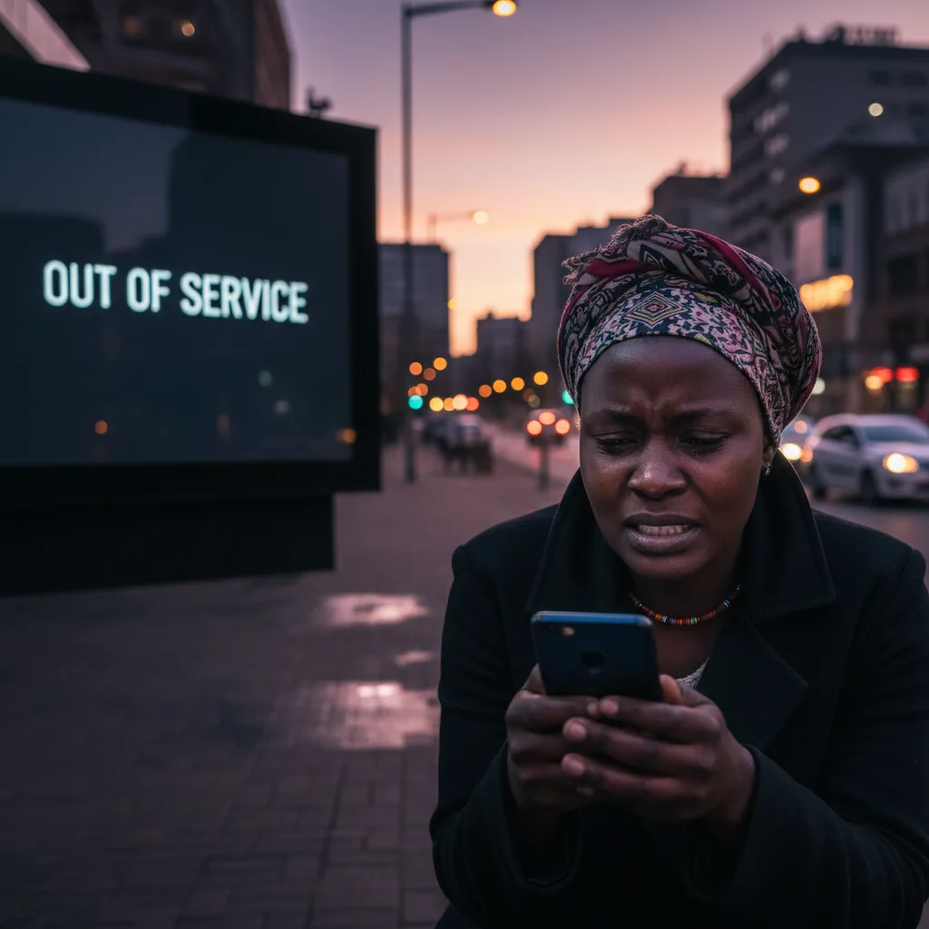 A worried South African woman stands in front of a broken ATM at night, looking at her phone with concern, illustrating…