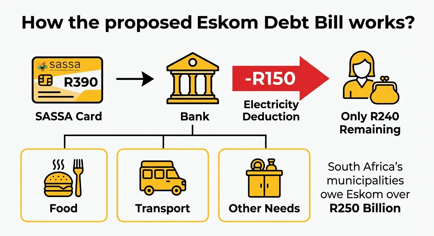 Infographic explaining how the proposed Eskom Debt Bill could deduct R150 from the R390 SASSA grant, leaving beneficiar…