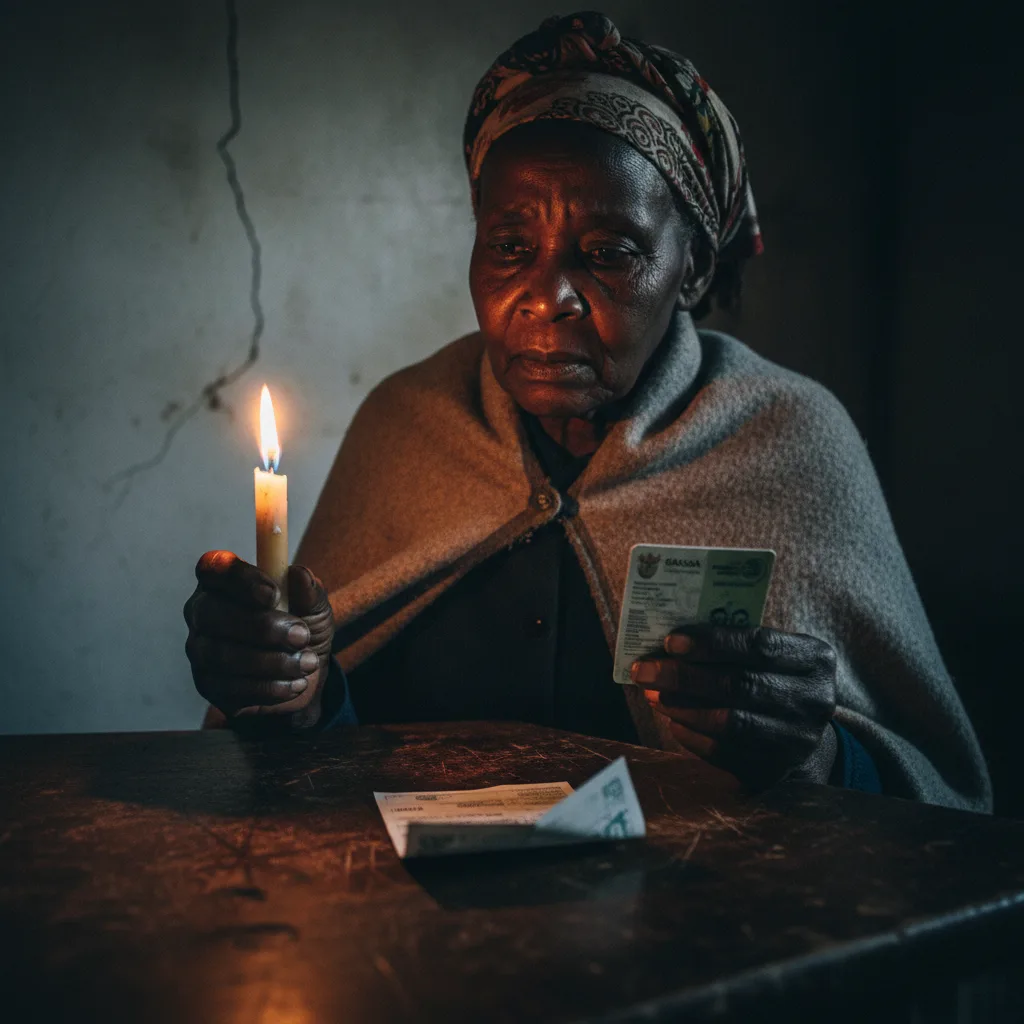 A worried South African woman holding a candle and a SASSA card, contemplating a high electricity bill, symbolizing the…
