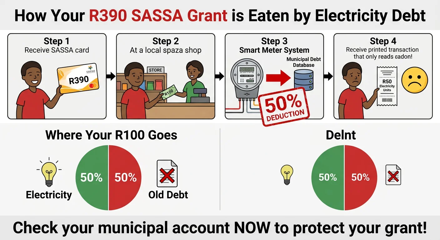 Infographic explaining how the 2026 smart meter policy deducts money from SASSA beneficiaries' electricity purchases. I…