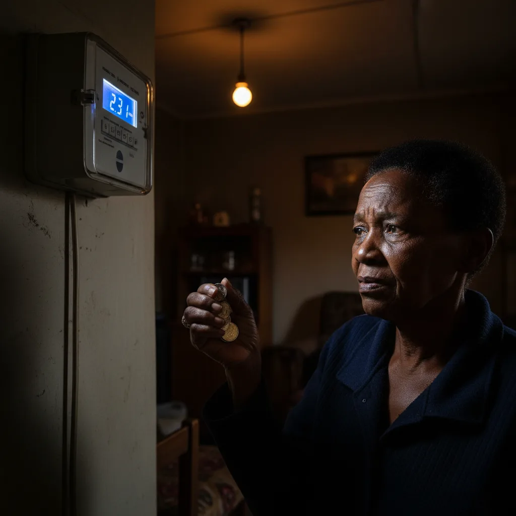 An elderly South African woman looking concerned at her prepaid electricity meter, symbolizing the financial hardship c…