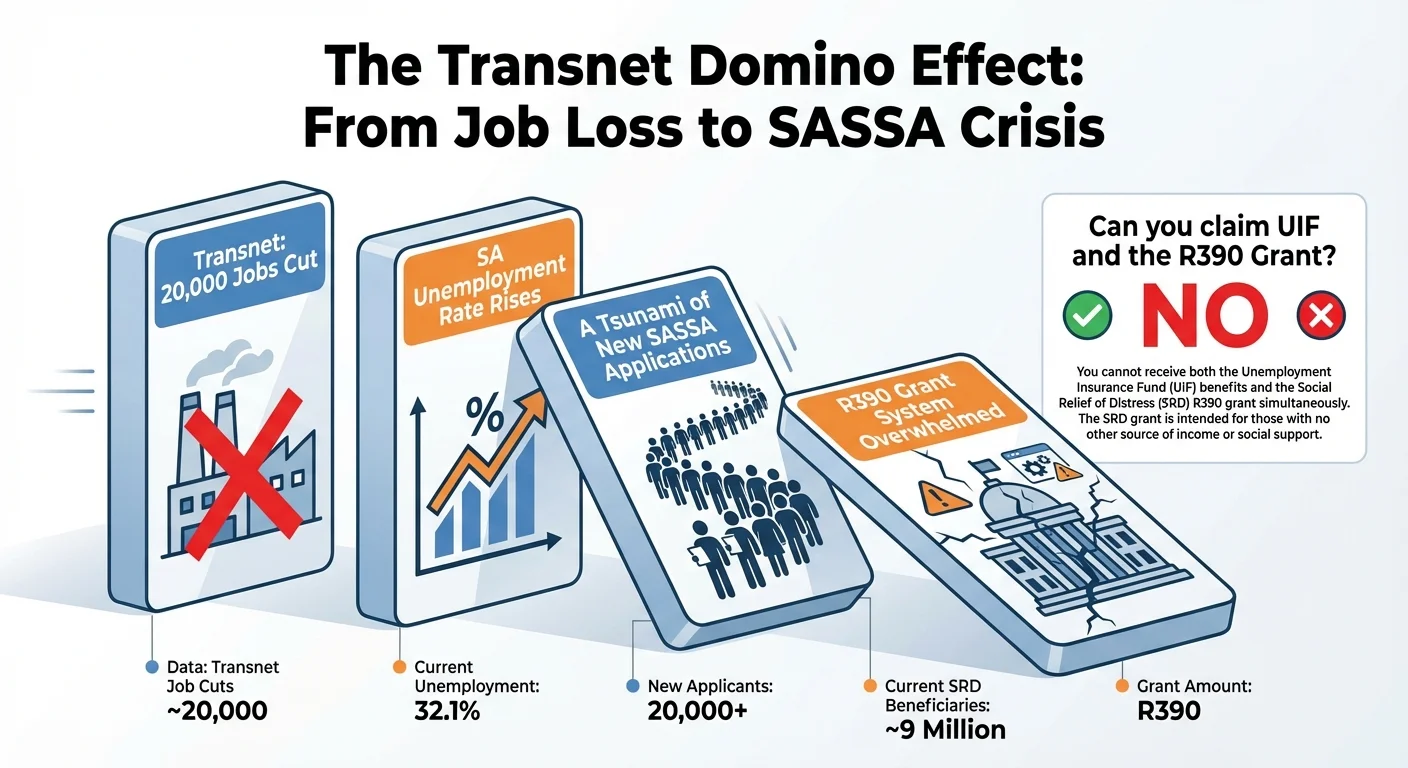 Infographic showing the domino effect of 20,000 Transnet job cuts on the SASSA R390 grant system in 2026, from rising u…