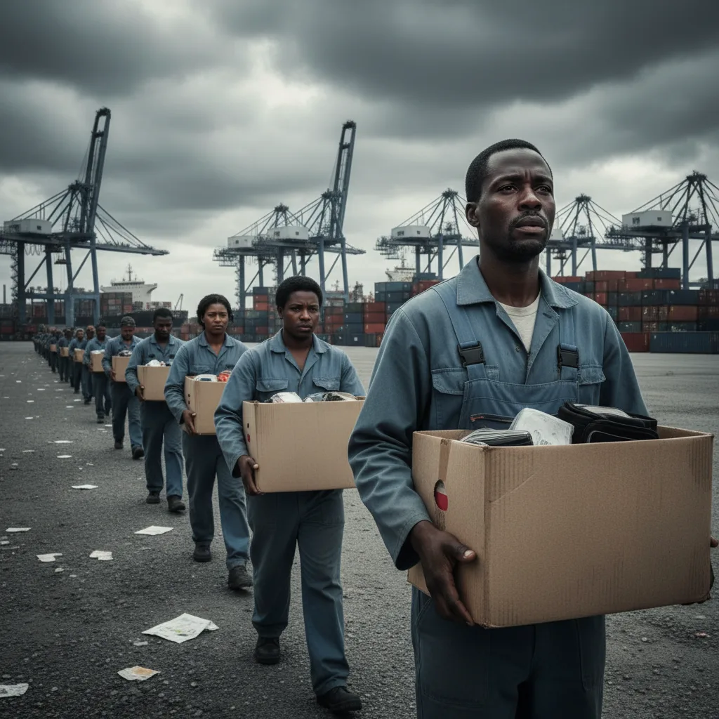 Dejected Transnet workers leaving their jobs after mass layoffs in February 2026, symbolizing the economic crisis facin…