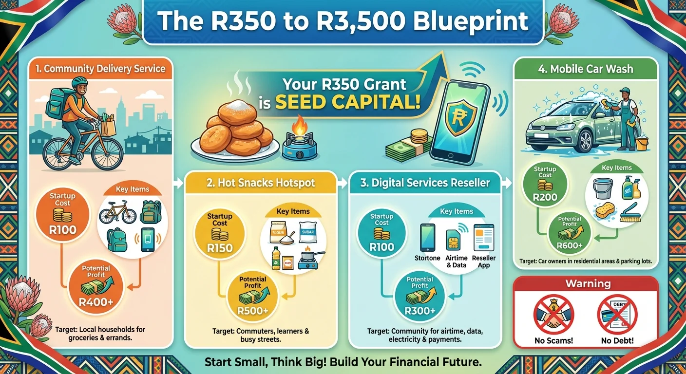 An infographic detailing four side hustles to start with the R350 SASSA grant, including startup costs, items needed, and potential profit for each idea.