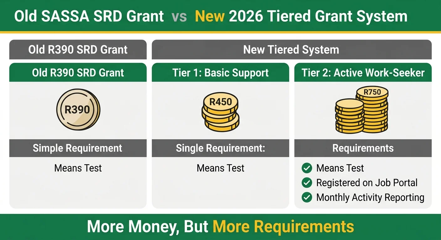 Infographic comparing the old R390 SASSA grant with the new 2026 tiered system, showing the R450 Basic Support tier and…