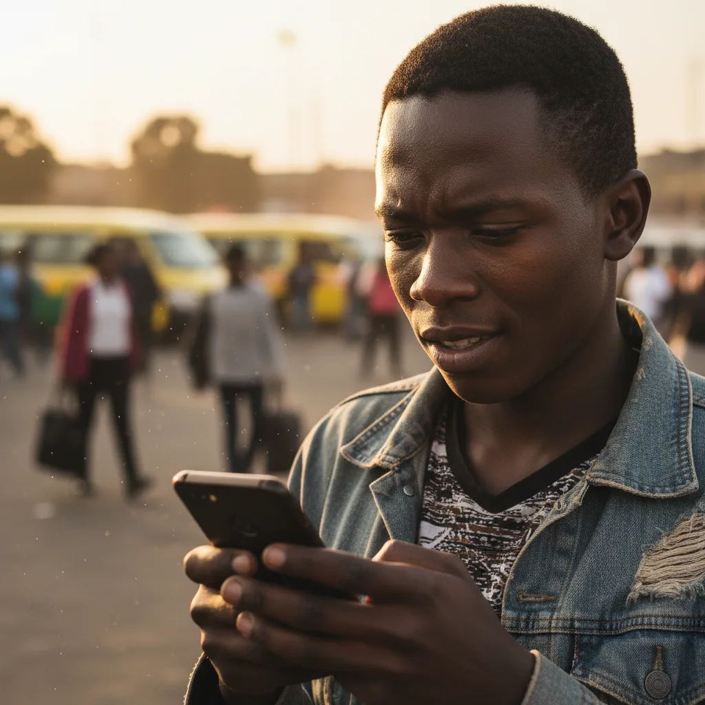 A young South African man looks at his phone with a worried yet hopeful expression, contemplating the news about the 20…