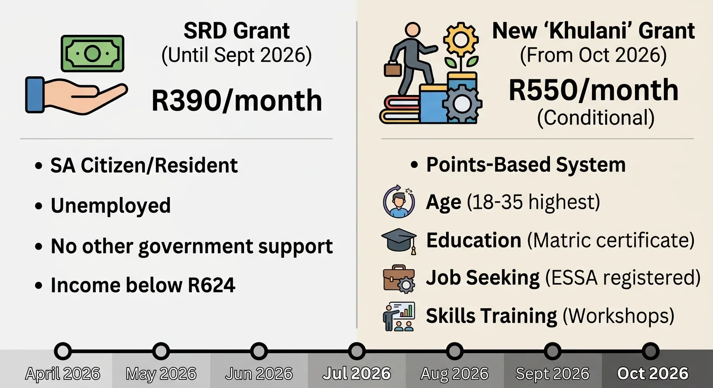 'n Infografika wat die ou SASSA SRD-toelaag se eenvoudige kriteria vergelyk met die nuwe Khulani-toelaag se puntestelsel.