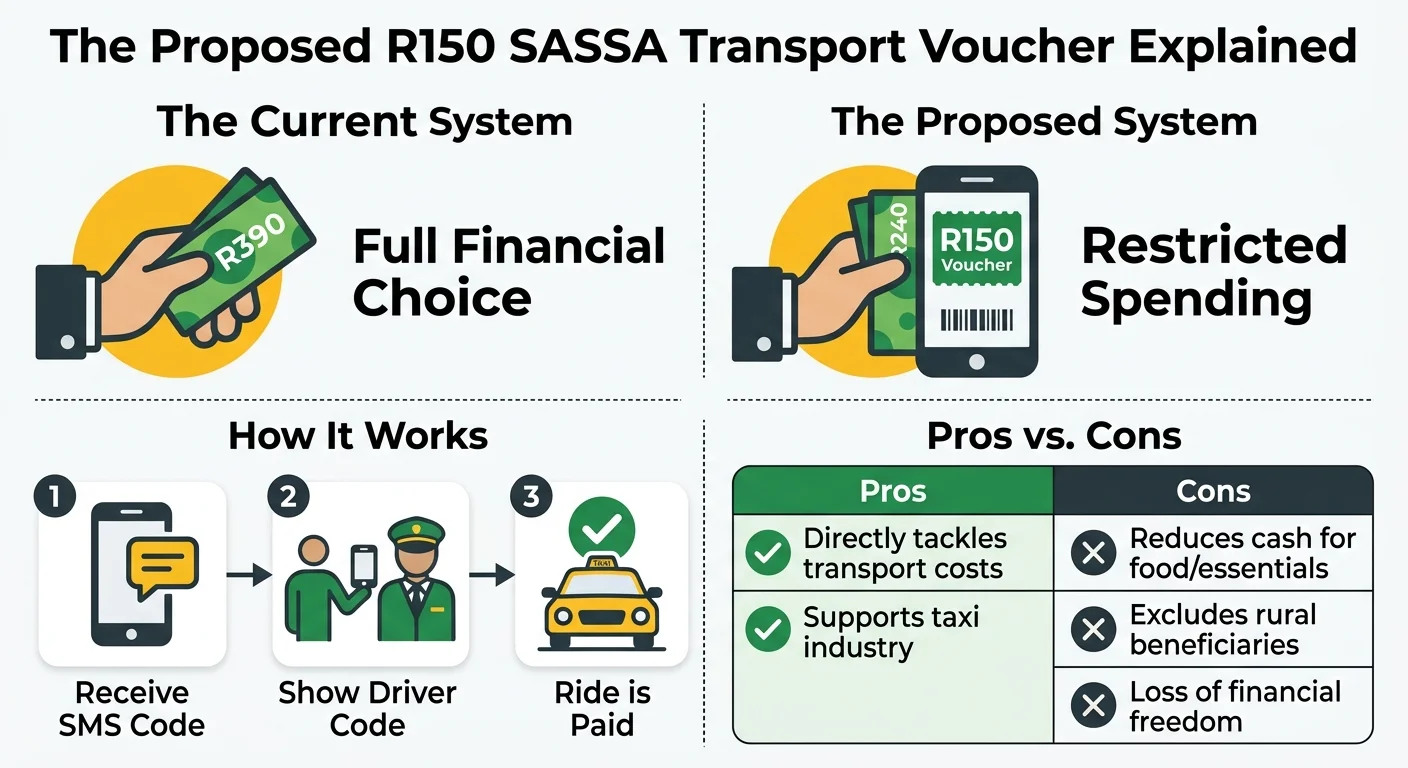 Infographic explaining the proposed 2026 SASSA R150 transport voucher, comparing the current R390 cash system to the pr…