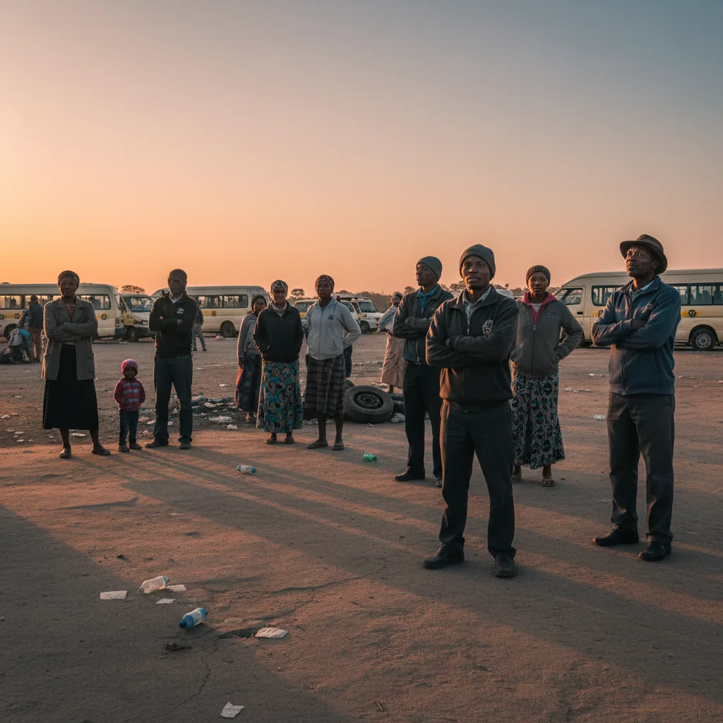 Anxious South Africans waiting at an empty taxi rank at dawn, contemplating the news of a proposed SASSA transport vouc…