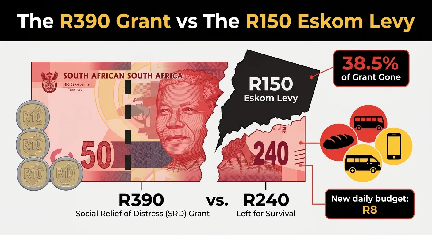 Infographic showing how the proposed R150 Eskom Levy would take nearly 40% of the R390 SASSA SRD grant, leaving only R2…