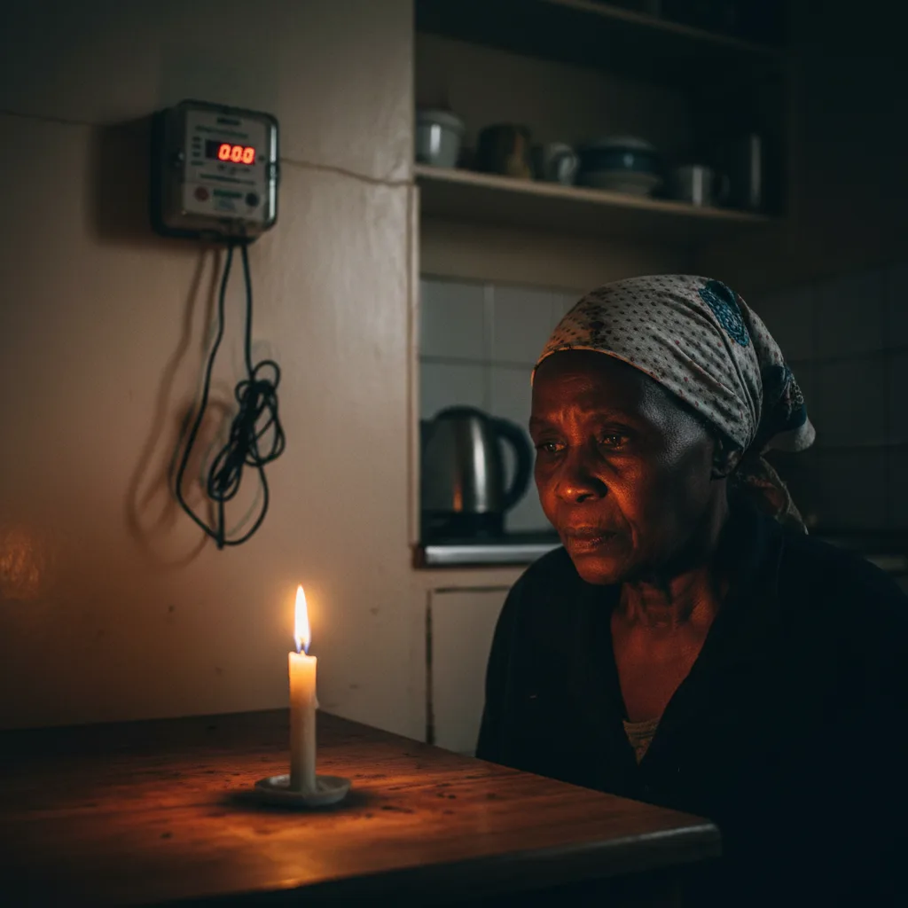 A concerned elderly woman sits in a dark room illuminated only by a single candle, representing the high cost of electr…