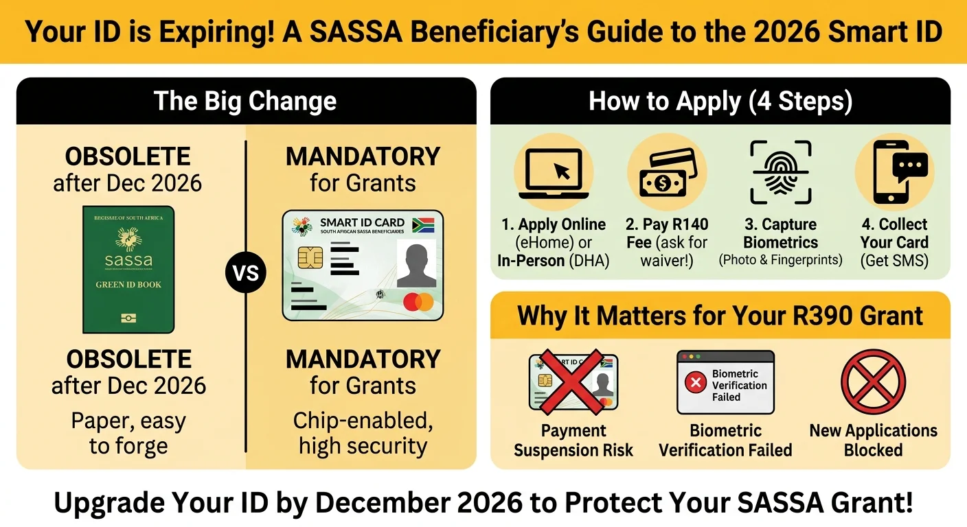 An infographic explaining the 2026 mandatory switch from the green ID book to the Smart ID Card for SASSA beneficiaries…