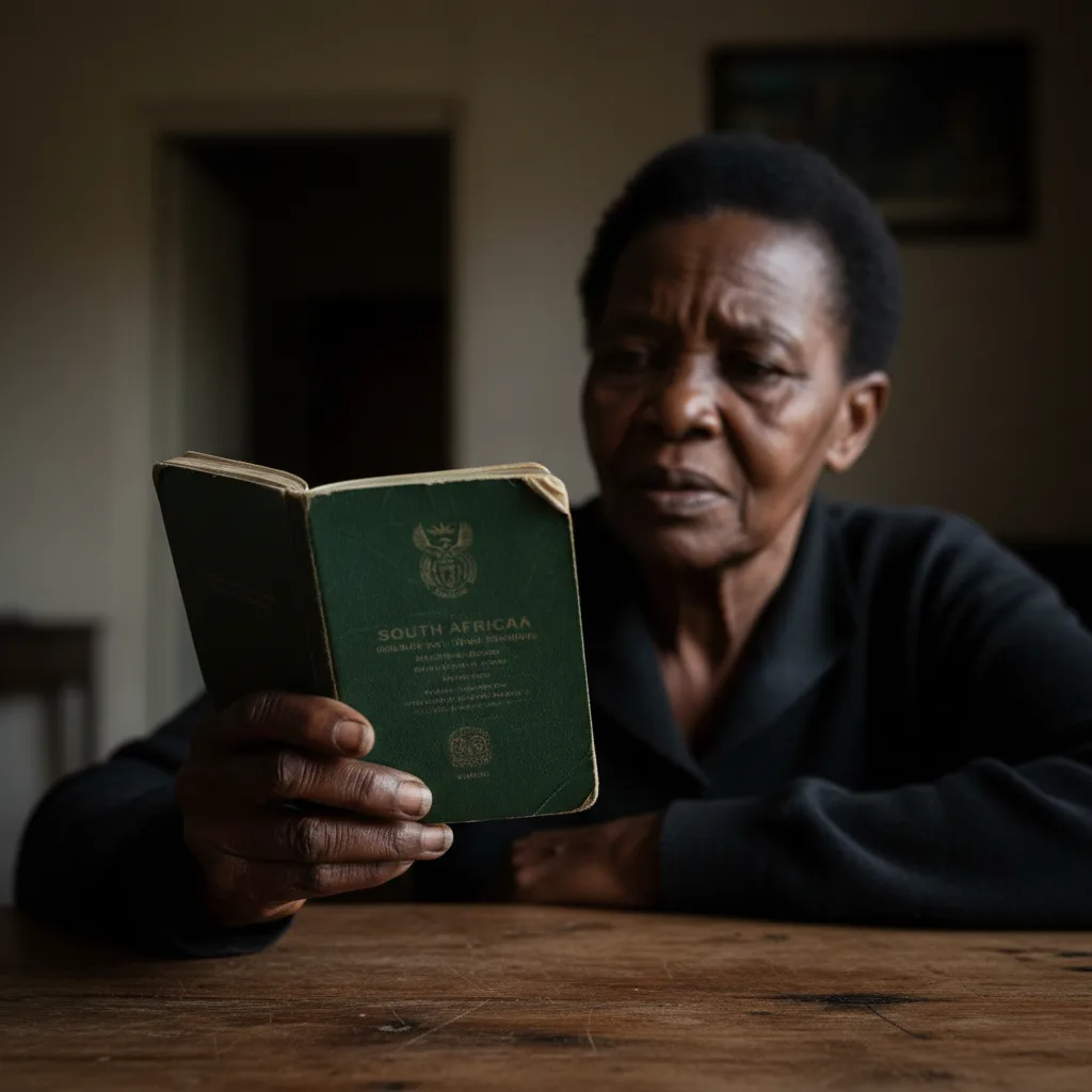 An elderly SASSA beneficiary looks with concern at her old green South African ID book, worried about the 2026 mandator…