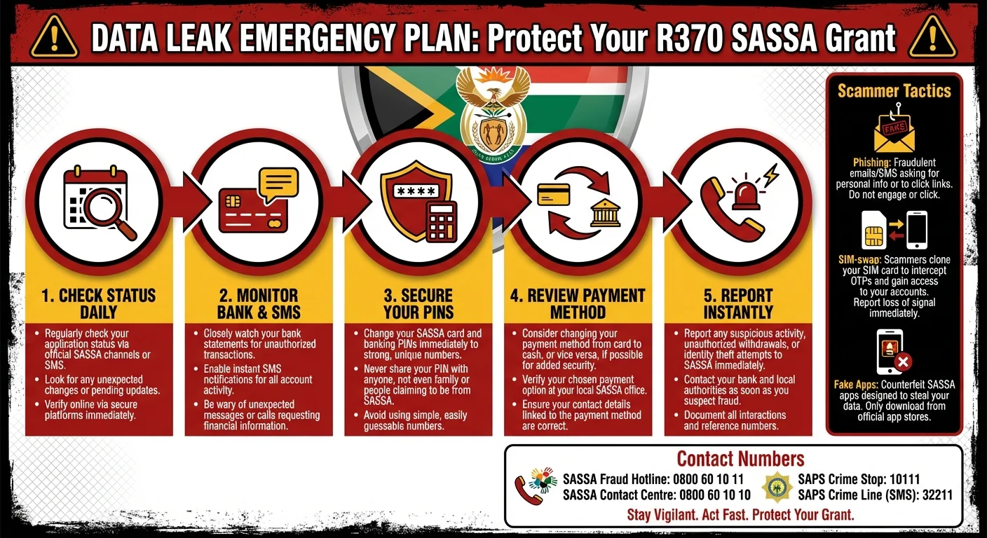 An infographic detailing a 5-step emergency plan for SASSA beneficiaries after the 2026 data leak. It shows steps to check status, monitor accounts, secure PINs, review payment methods, and report fraud, with clear icons and contact numbers.