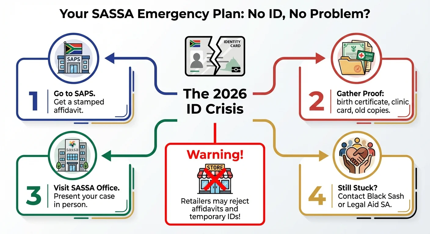 An infographic detailing the 4-step emergency plan for SASSA beneficiaries who have no ID due to the 2026 Home Affairs…