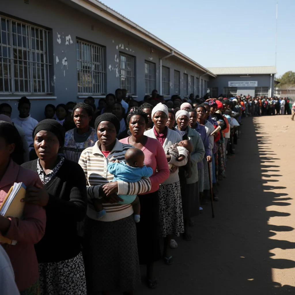 A long queue of anxious South Africans waiting outside a Home Affairs office in 2026, representing the ID crisis blocki…