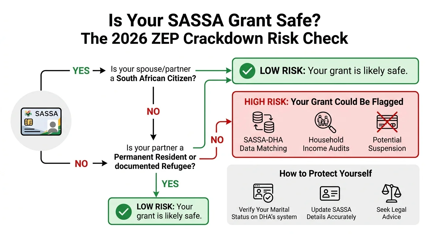 A flowchart infographic explaining the risk to a SASSA grant based on a partner's immigration status, from low risk for…