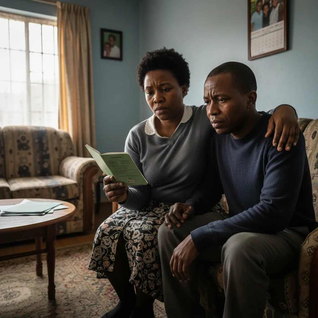 A concerned South African woman holds her ID book while comforting her partner, symbolizing the fear that the ZEP crack…