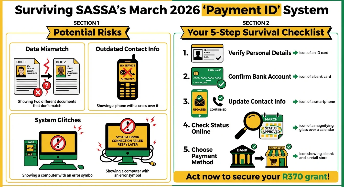 An infographic showing the risks of SASSA'ss new 'Payment ID' system and a 5-step checklist for beneficiaries to follow to ensure they receive their March 2026 grant payment without delays.