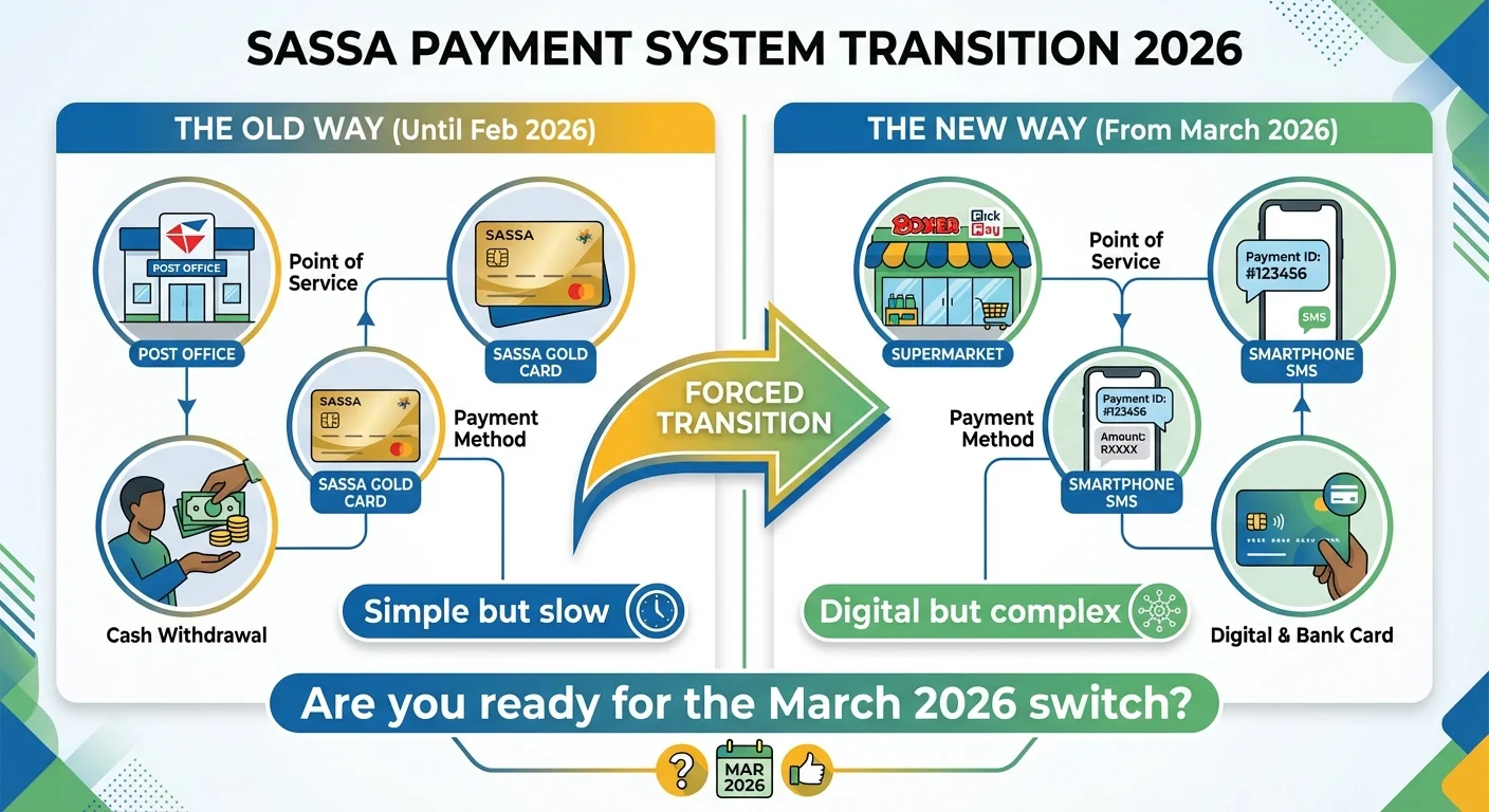 Infographic comparing the old SASSA Post Office cash payment system with the new March 2026 retail and bank payment system, highlighting the shift from physical to digital.
