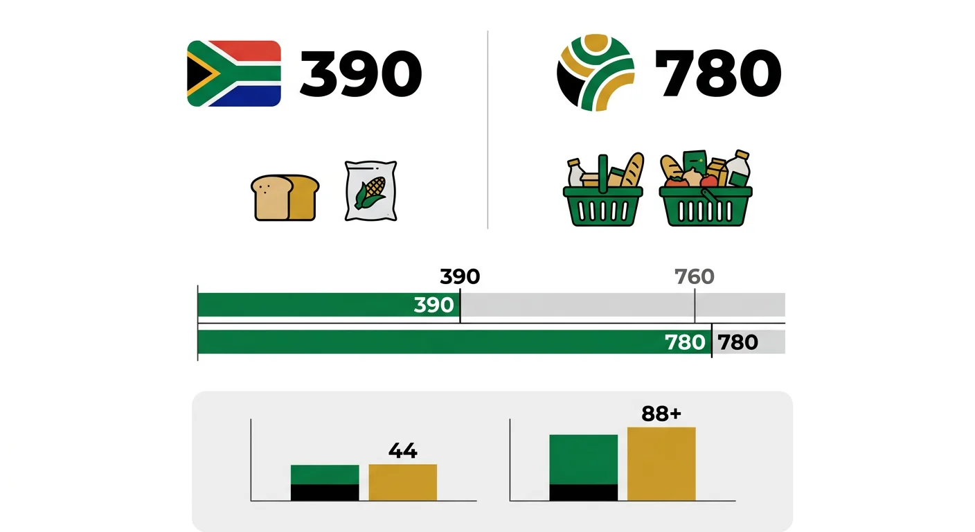 Infographic comparing the current R390 SASSA grant to the MK Party's proposed R780. It shows the R780 amount exceeds th…