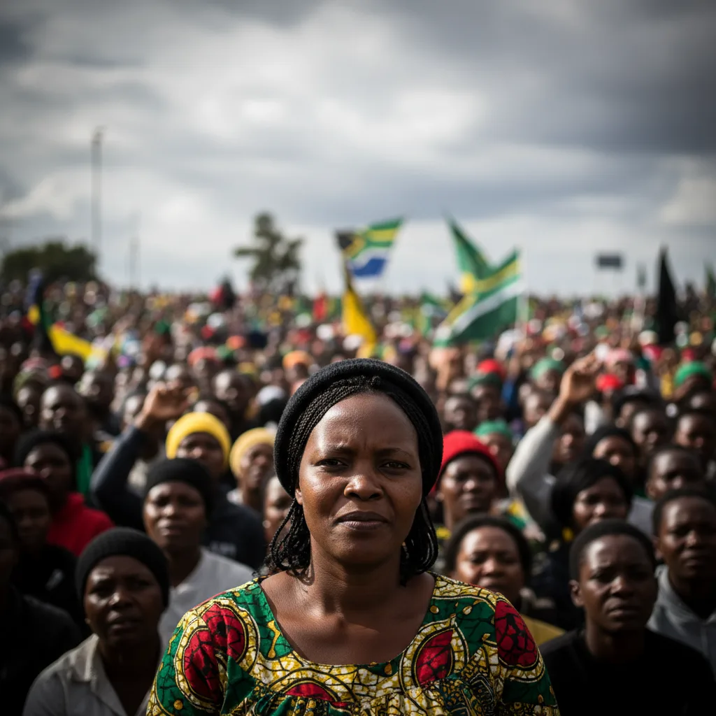 A hopeful yet skeptical South African woman at a political rally, contemplating the promises being made about SASSA gra…