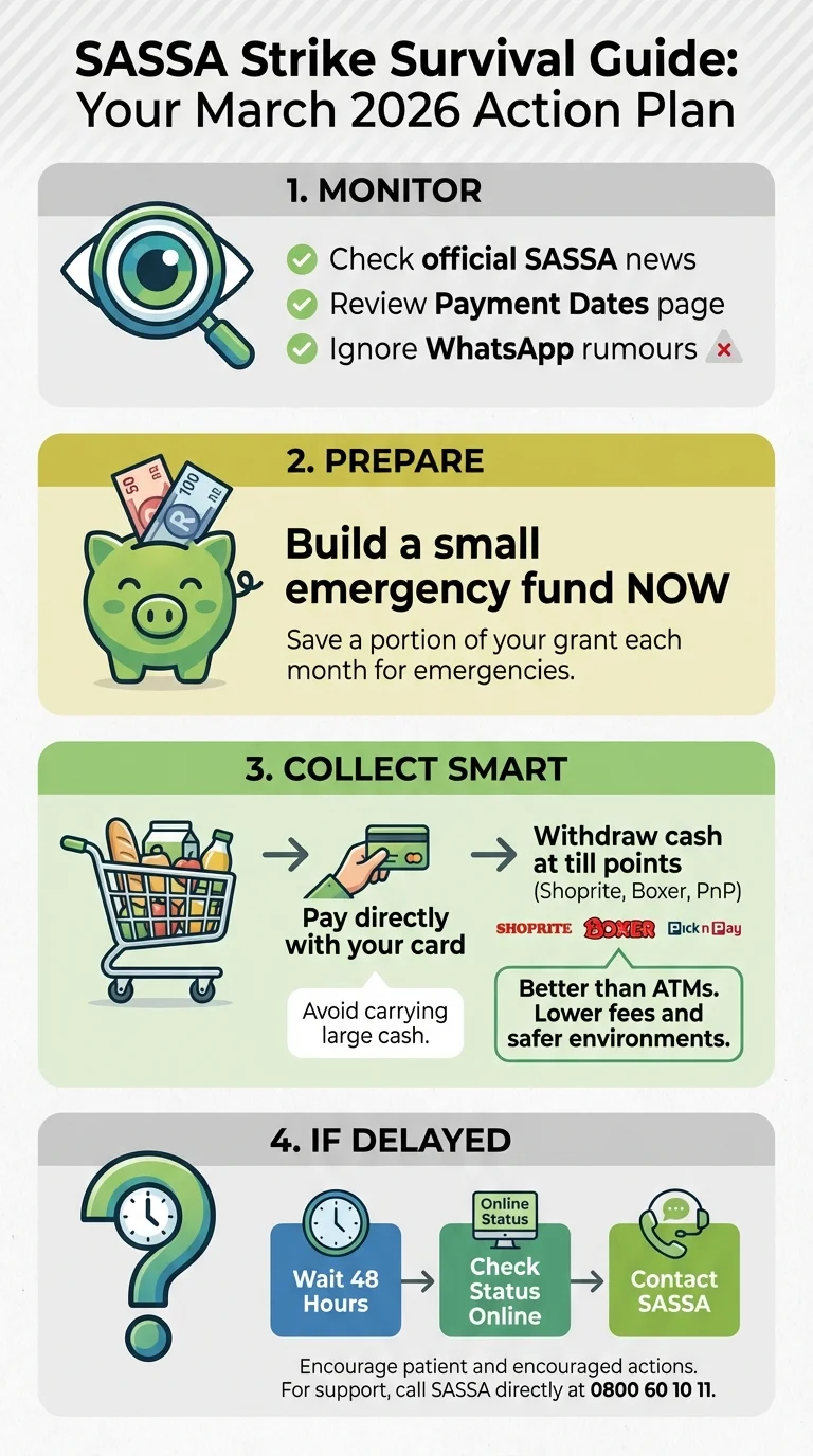 Infographic: SASSA Strike Survival Guide for March 2026. It outlines four steps: Monitor official news, Prepare an emer…