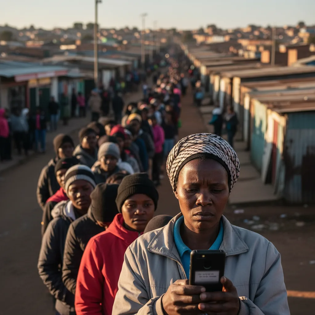 A worried woman checks her phone while waiting in a long queue for her SASSA grant, illustrating the uncertainty caused…