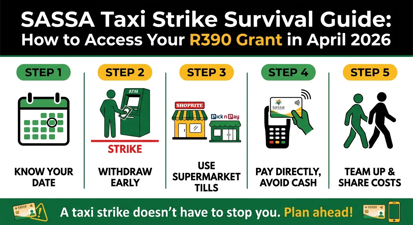 An infographic outlining a 5-step survival guide for SASSA beneficiaries during a taxi strike, with icons for checking…