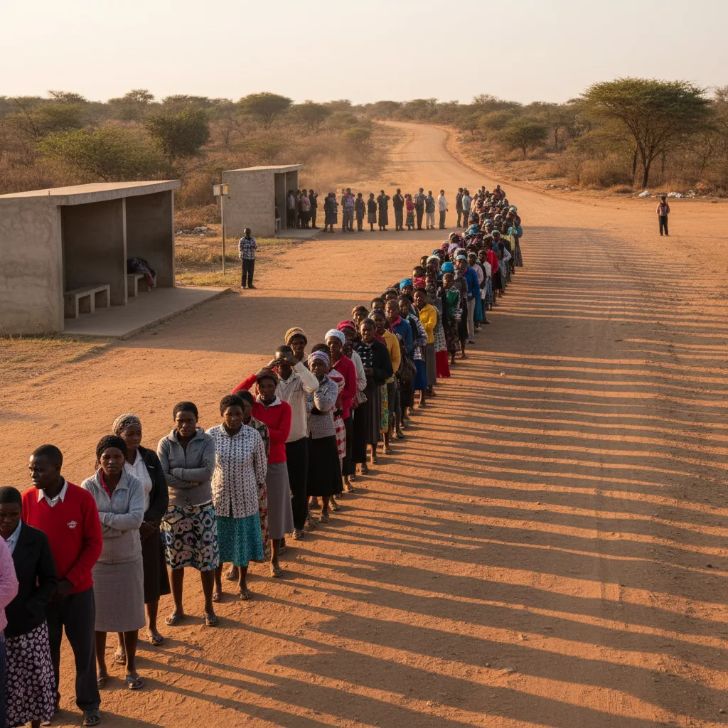 A long queue of worried SASSA beneficiaries waiting at a deserted taxi rank in South Africa, highlighting the impact of…