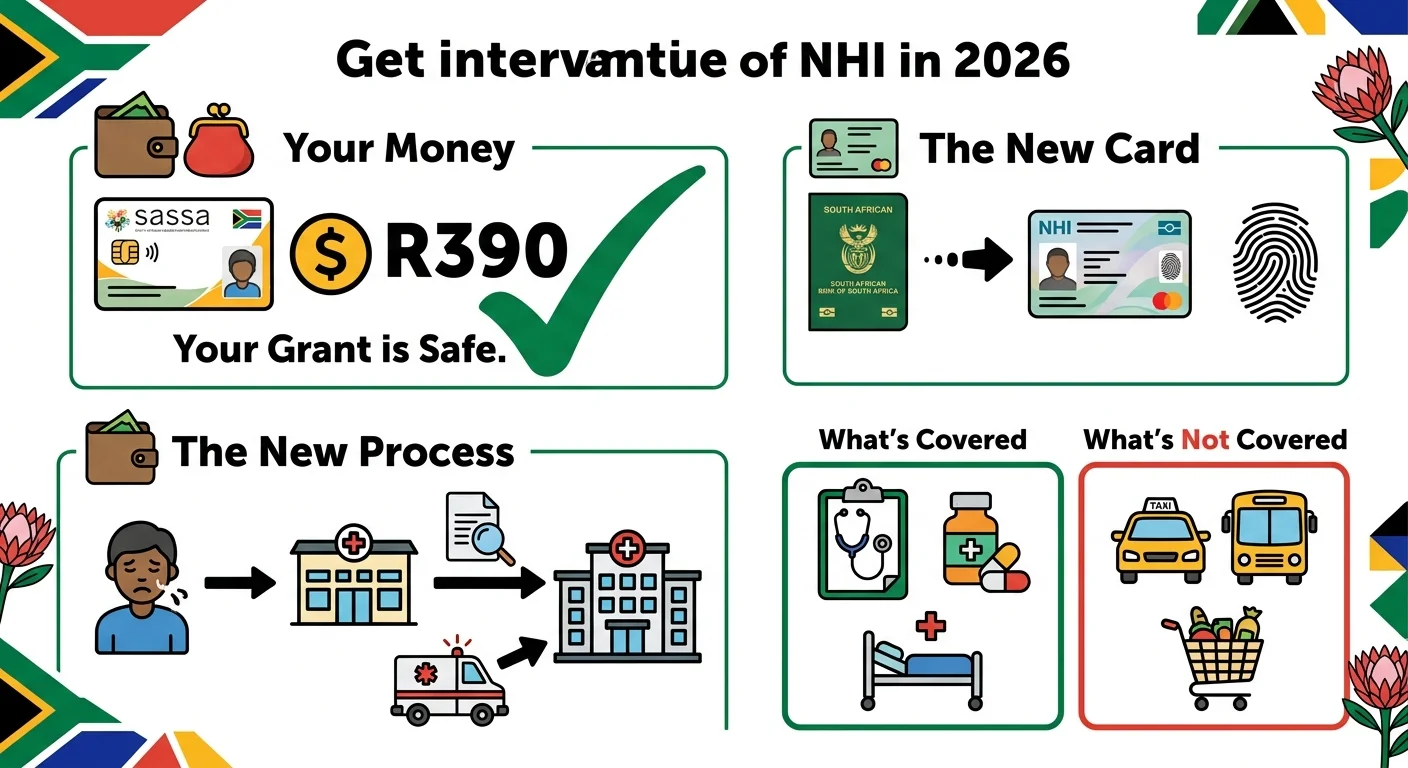 An infographic explaining the new NHI system for SASSA beneficiaries in 2026. It shows that the R390 grant is safe, exp…