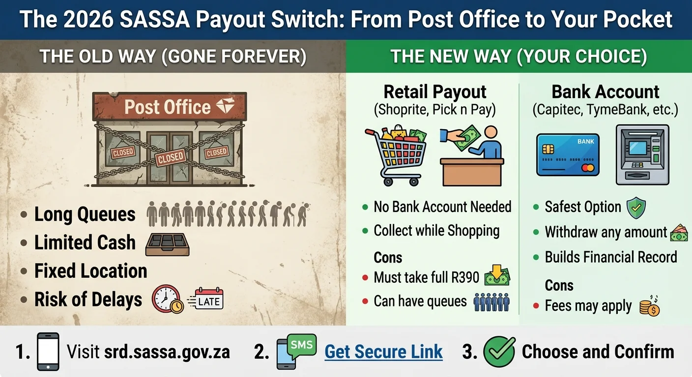 An infographic explaining how to switch your SASSA grant payout method from the closed Post Office. It compares the old…