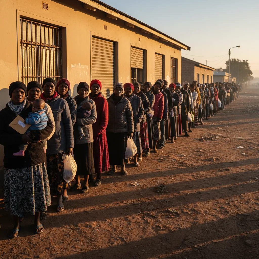A long queue of concerned SASSA beneficiaries waiting outside a permanently closed South African Post Office following…
