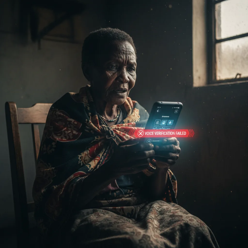 An elderly SASSA beneficiary looks worried as she holds a smartphone displaying a 'Voice Verification Failed' error, il…