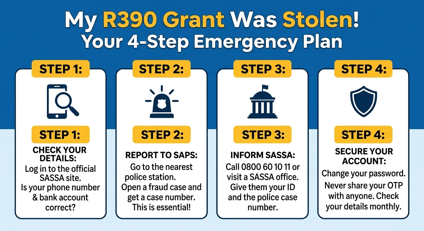 A 4-step infographic detailing the emergency plan for a stolen SASSA grant: 1. Check your details online. 2. Report to…