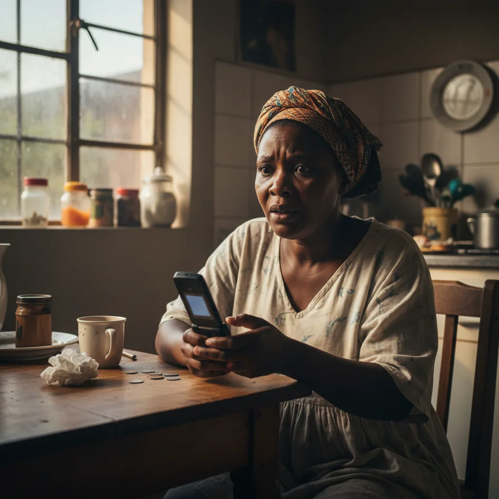 A worried South African woman looks at her phone in shock, symbolizing the discovery of SASSA grant fraud after the 202…