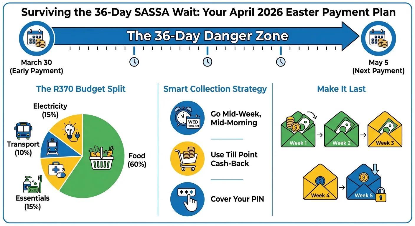 Infographic showing a survival plan for the early April 2026 SASSA payment. It includes a timeline of the 36-day wait, a budget pie chart for the R370 grant, tips for safe cash collection, and a weekly envelope system to make the money last until May.