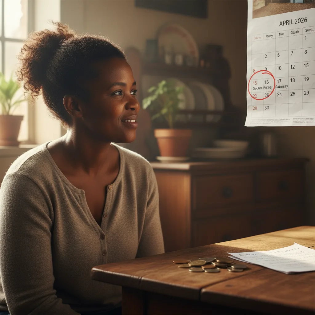 Infographic showing a survival plan for the early April 2026 SASSA payment. It includes a timeline of the 36-day wait, a budget pie chart for the R370 grant, tips for safe cash collection, and a weekly envelope system to make the money last until May.