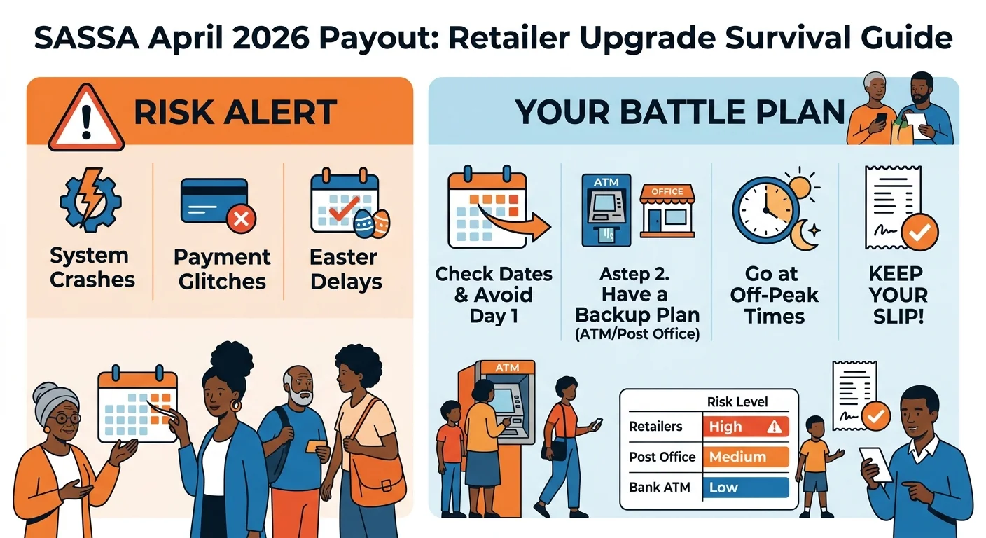 An infographic survival guide for the April 2026 SASSA grant payments, warning of retailer system upgrades and providin…