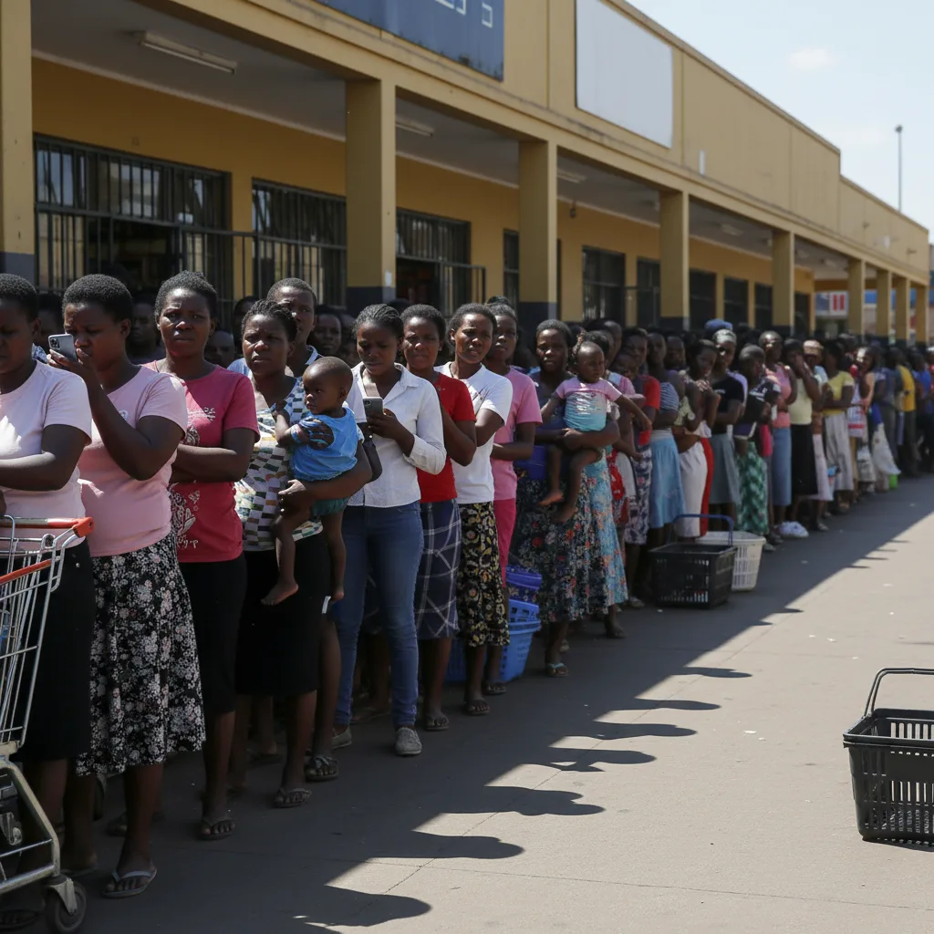 A long line of concerned SASSA beneficiaries waiting outside a retailer, worried about potential payment delays for the…