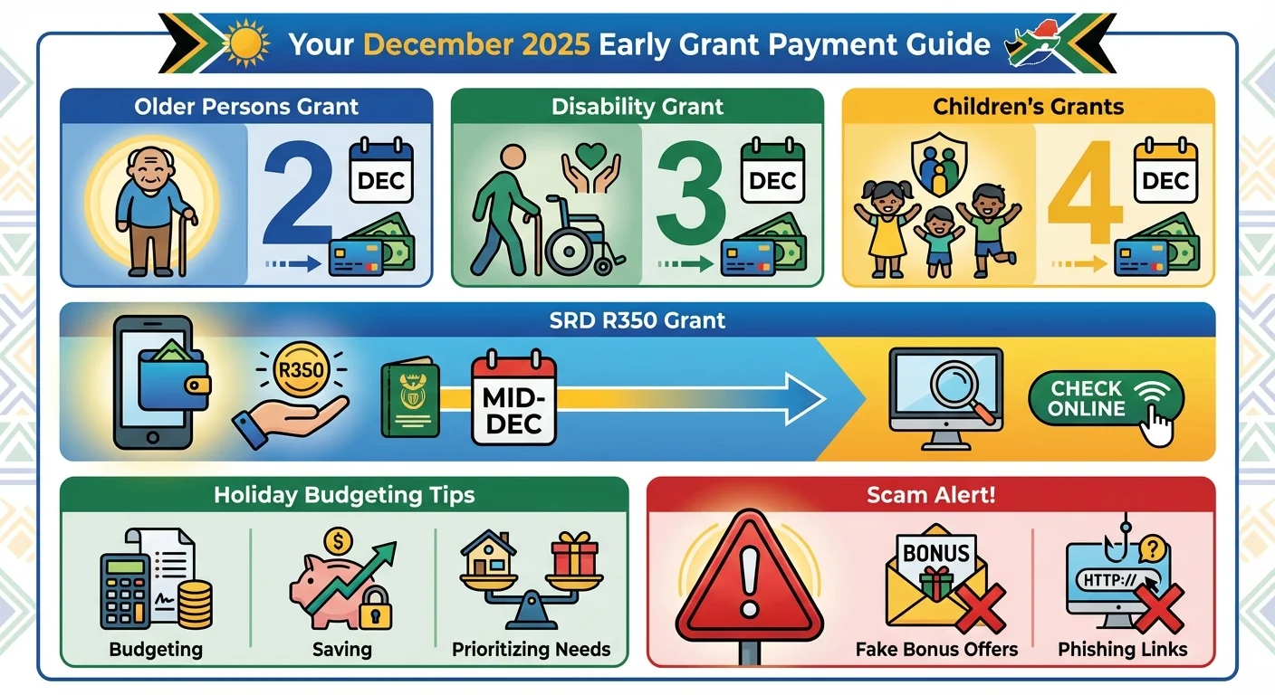 An infographic detailing the early SASSA payment dates for December 2025. It shows the specific dates for the Older Persons, Disability, and Children's grants, explains the SRD R350 payment window, and provides holiday budgeting tips and scam warnings for beneficiaries.
