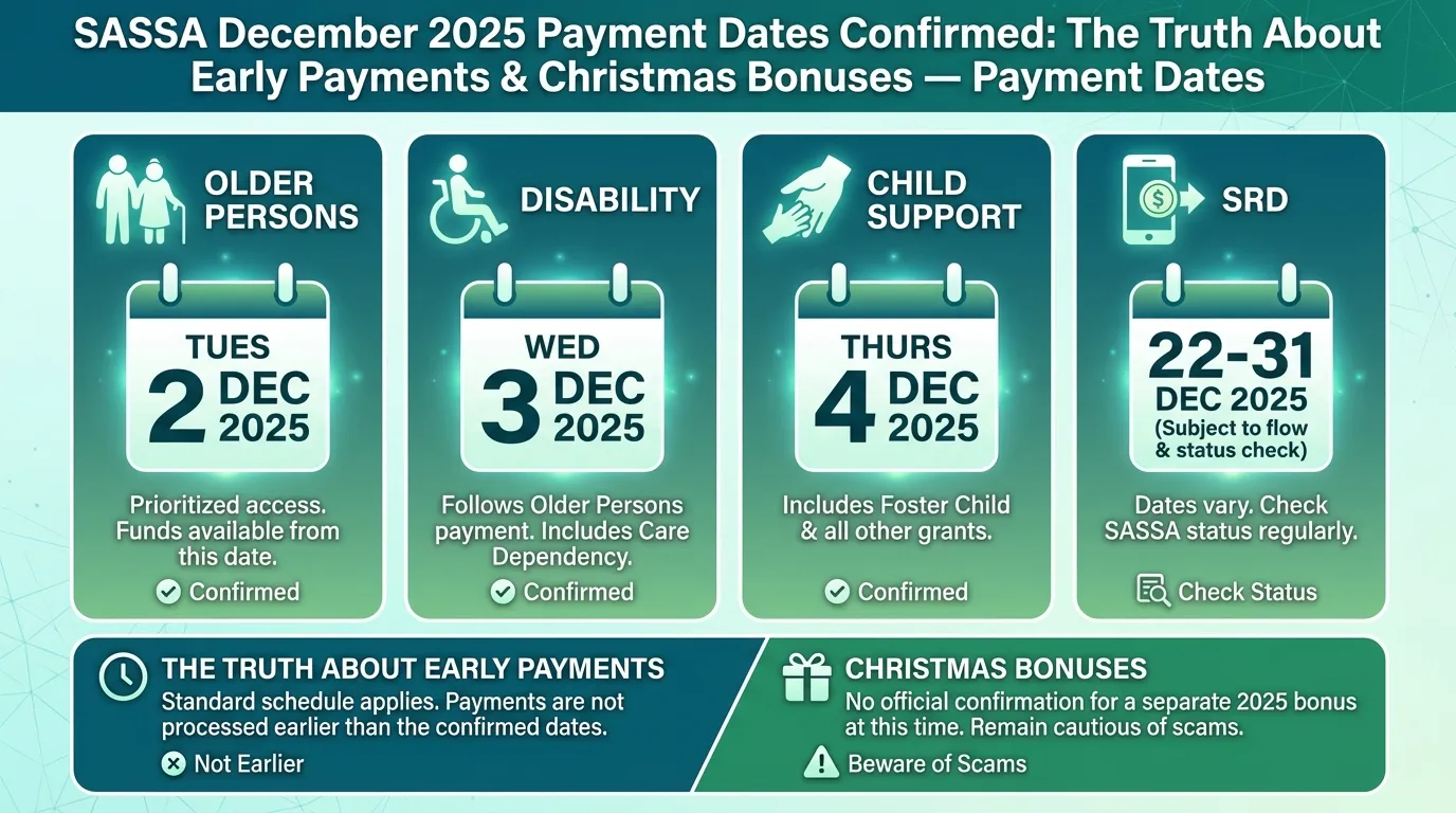SASSA December 2025 Payment Dates Confirmed: The Truth About Early Payments & Christmas Bonuses - Payment Dates