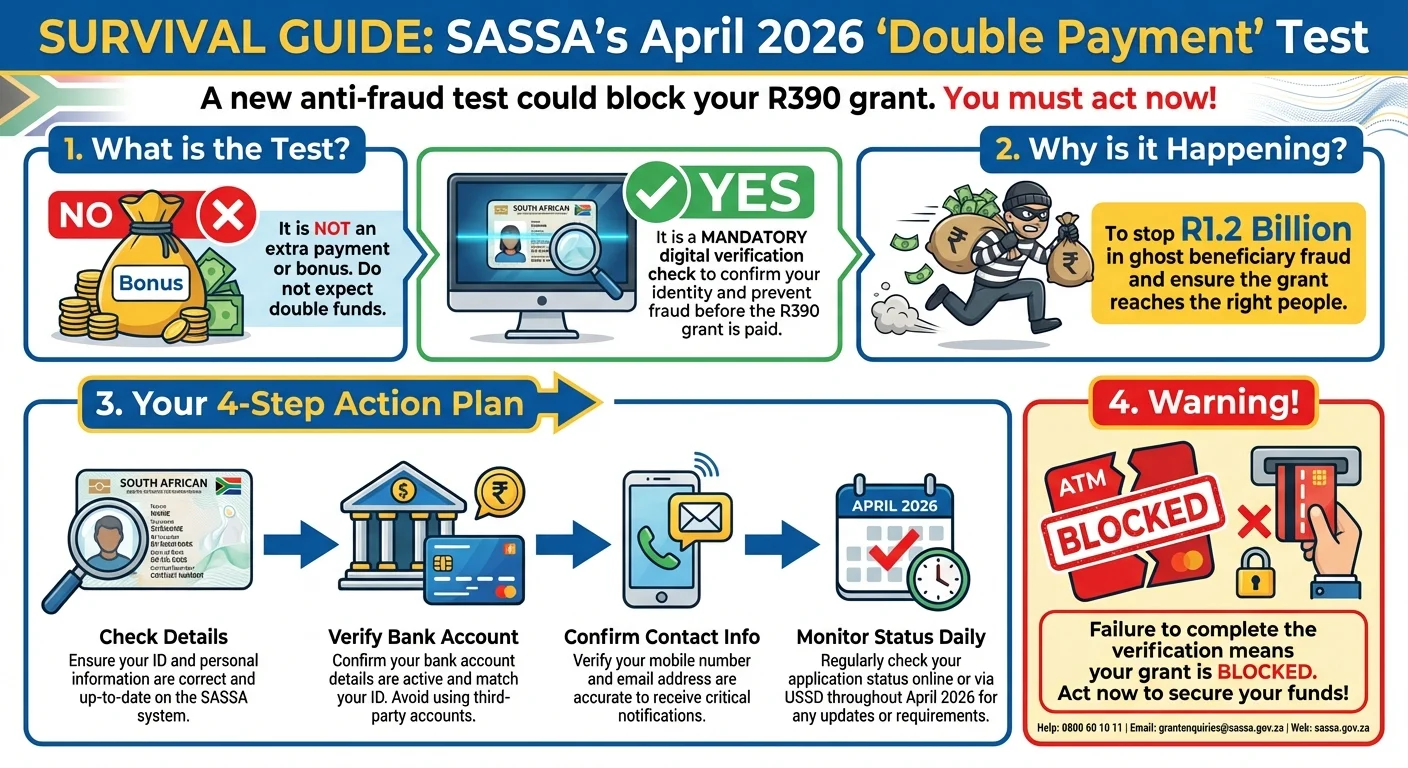 An infographic explaining the SASSA 'Double Payment' verification test for April 2026. It details what the test is, why…