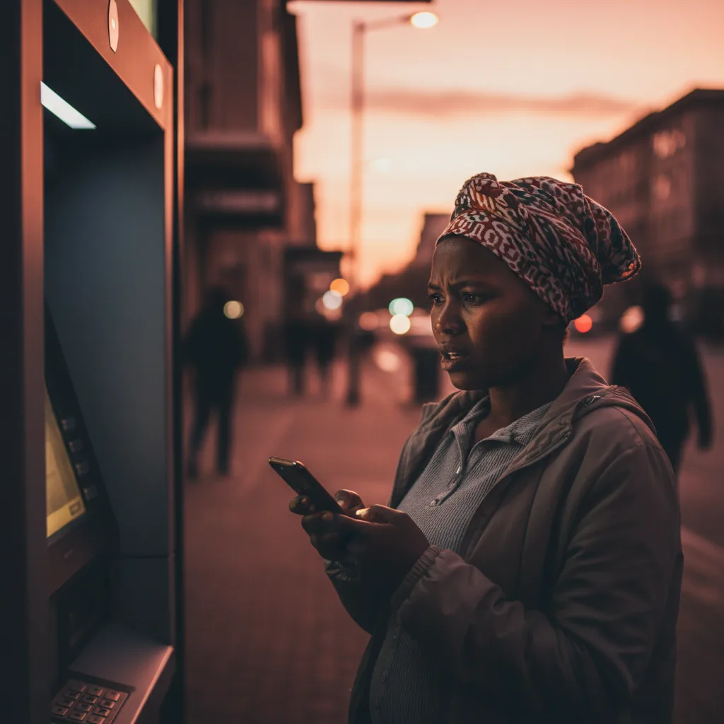 A concerned South African woman checks her phone anxiously while at an ATM, worried about her SASSA grant payment after…