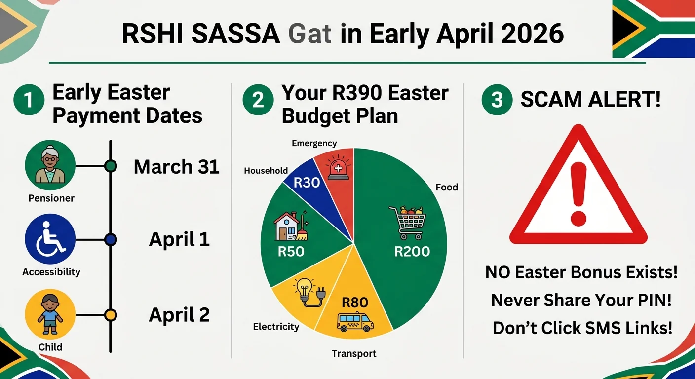 Infographic showing the early SASSA payment dates for Easter 2026, a sample R390 budget plan for the holiday, and impor…