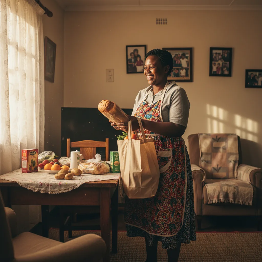 A happy South African family enjoying groceries bought with an early SASSA grant payment before the Easter 2026 holiday.