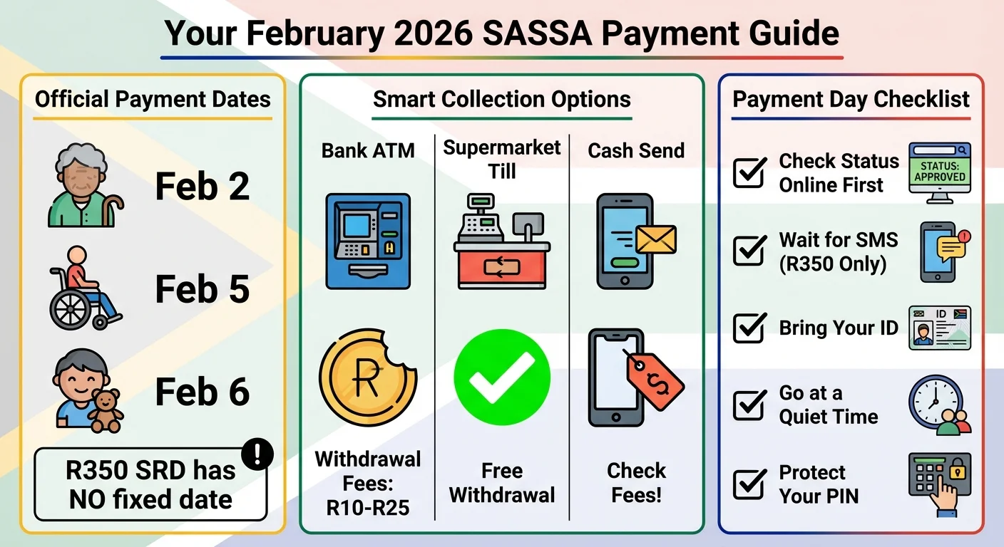 An infographic showing the SASSA payment dates for February 2026, a comparison of cash withdrawal options and their fees, and a safety checklist for payment collection day.