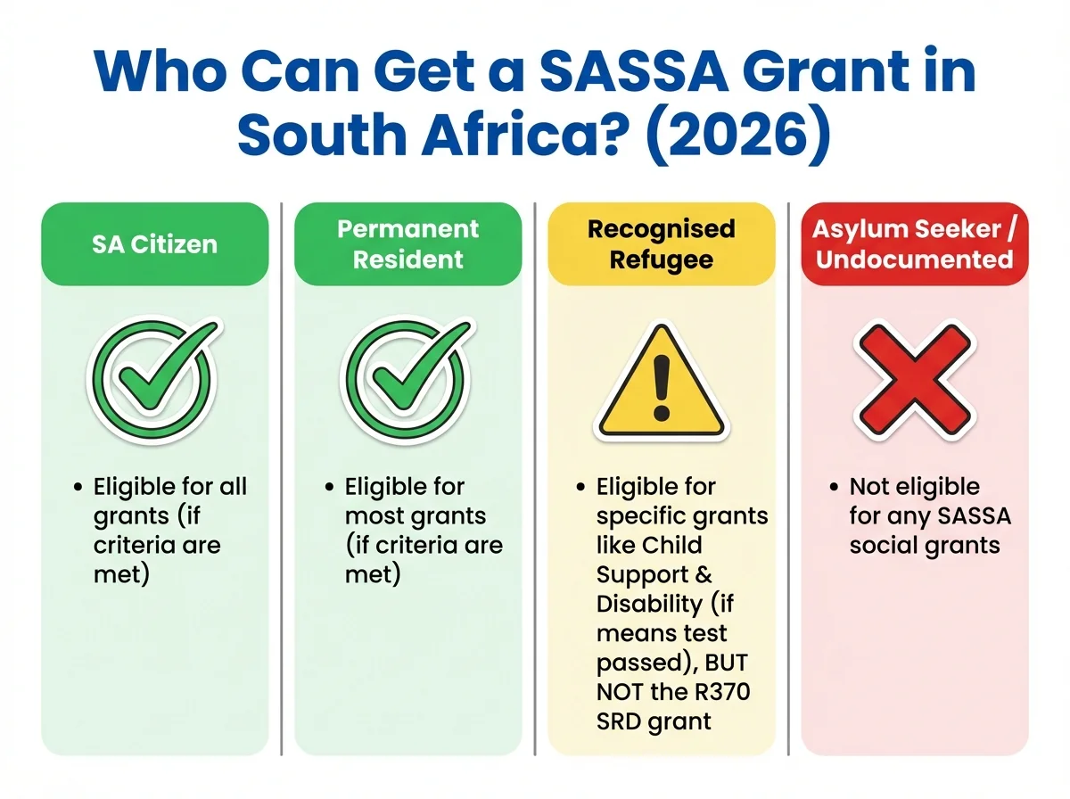 Infographic explaining SASSA grant eligibility in 2026: Citizens and Permanent Residents are generally eligible; Refugees for specific grants only (not SRD); and Asylum Seekers/Undocumented are not eligible for any grants.