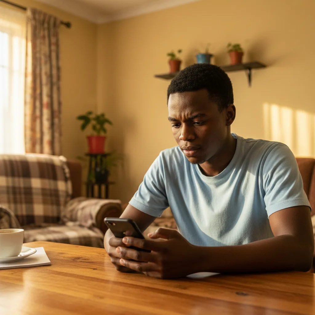 A young South African man focused on his phone, looking up SASSA grant information, determined to find a solution for his declined application.